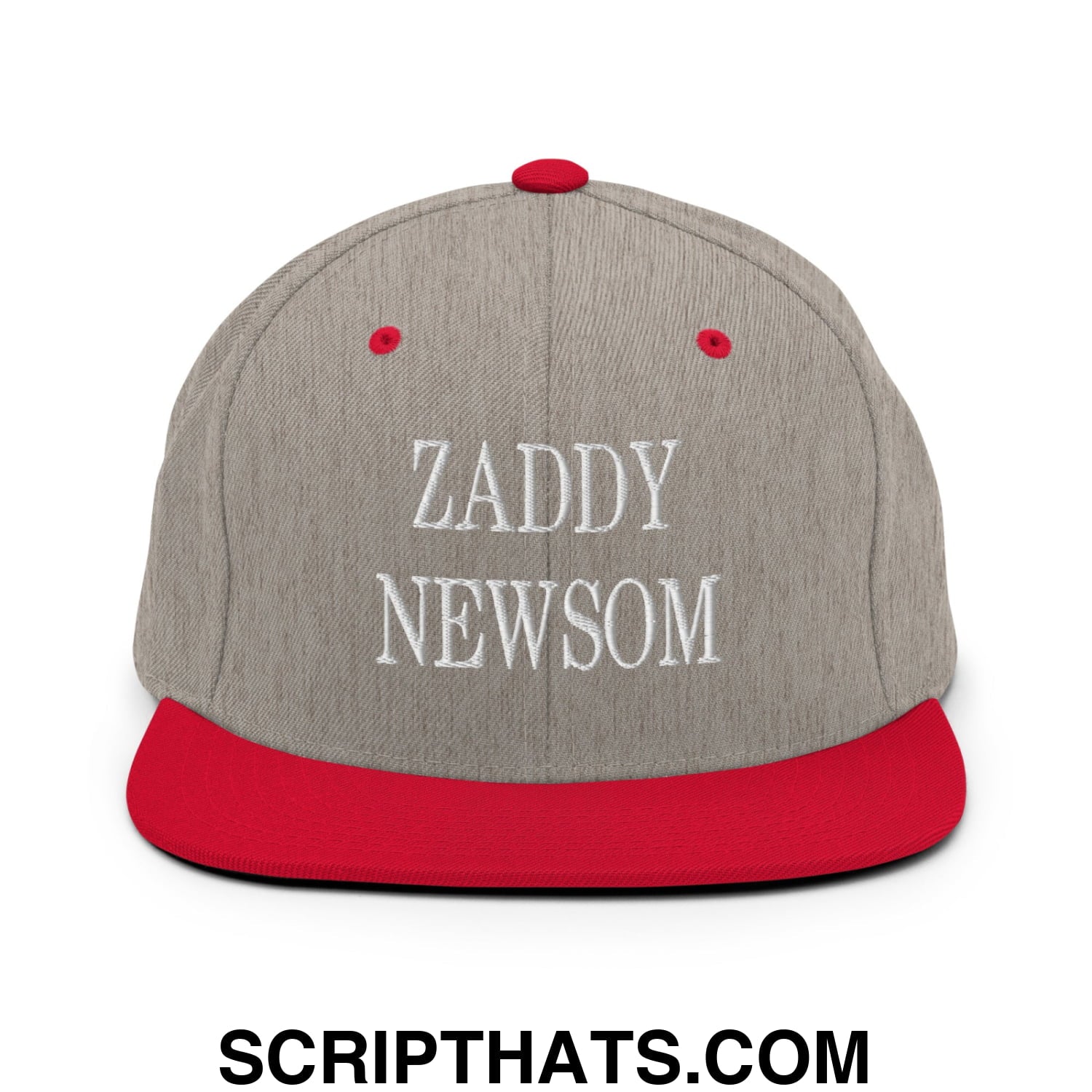 Zaddy Newsom Embroidered Flat Bill Brim Snapback Hat Heather Grey Red
