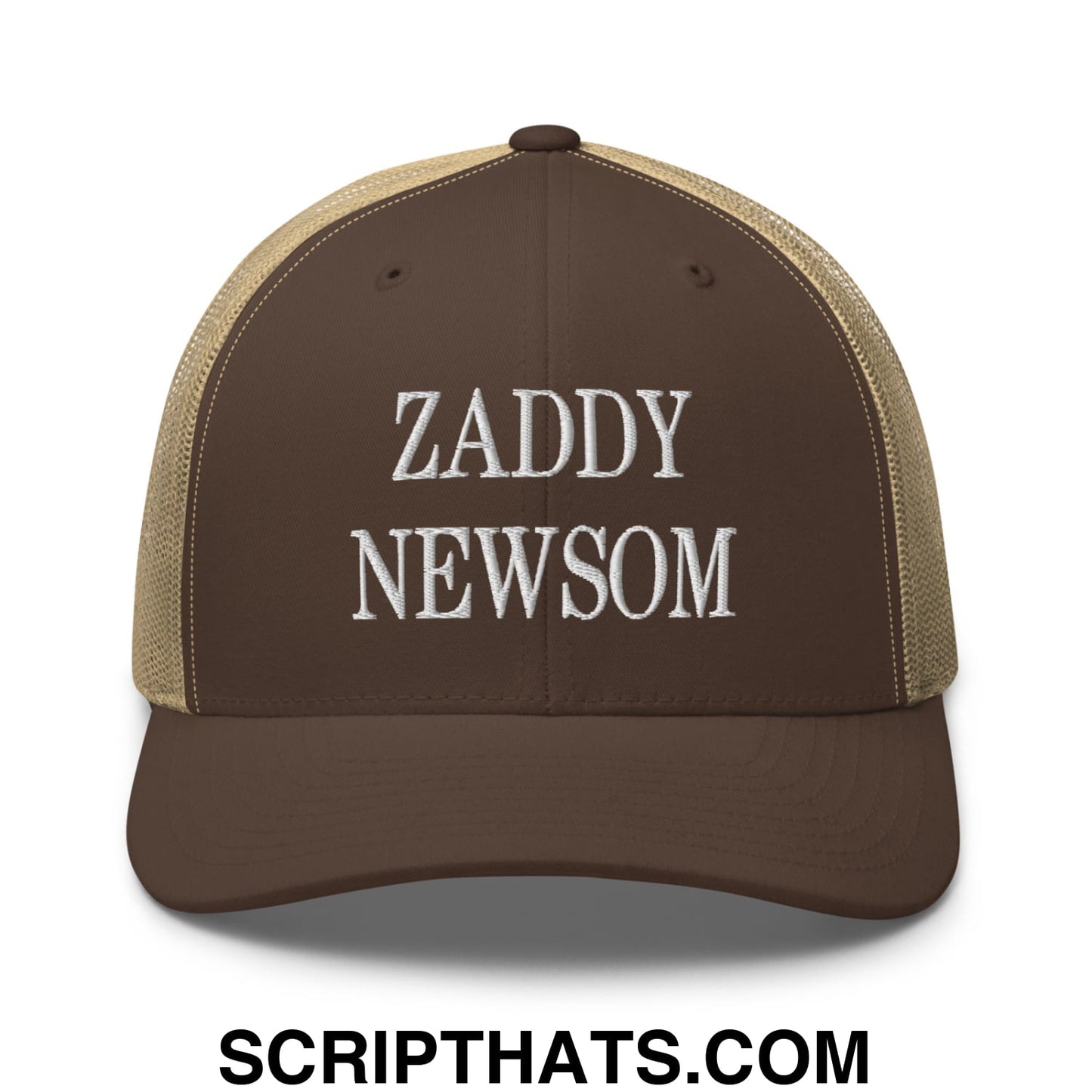 Zaddy Newsom Embroidered Mesh Trucker Hat Brown Khaki