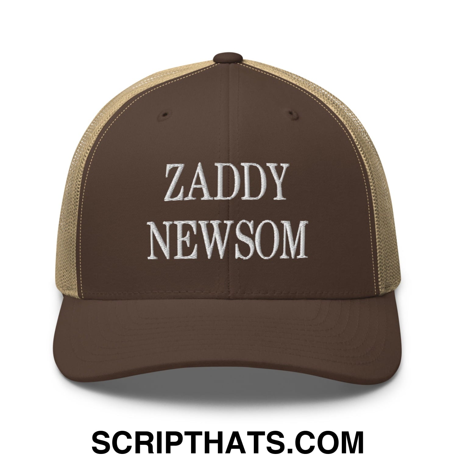 Zaddy Newsom Embroidered Mesh Trucker Hat Brown Khaki