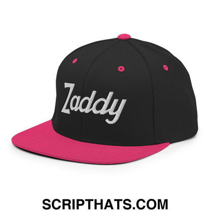 Zaddy Vintage Sports Script Embroidered Flat Bill Brim Snapback Hat Black Neon Pink