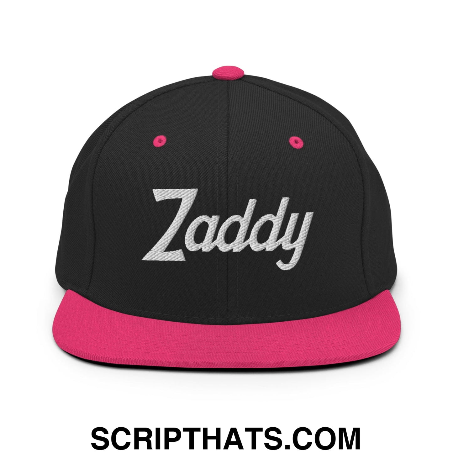 Zaddy Vintage Sports Script Embroidered Flat Bill Brim Snapback Hat Black Neon Pink