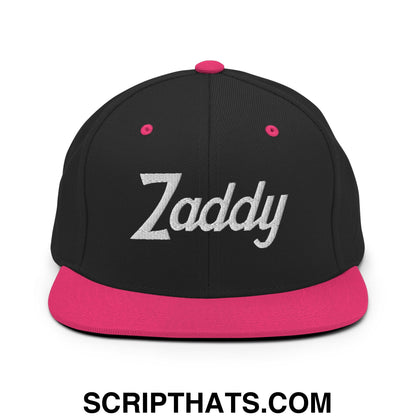 Zaddy Vintage Sports Script Embroidered Flat Bill Brim Snapback Hat Black Neon Pink
