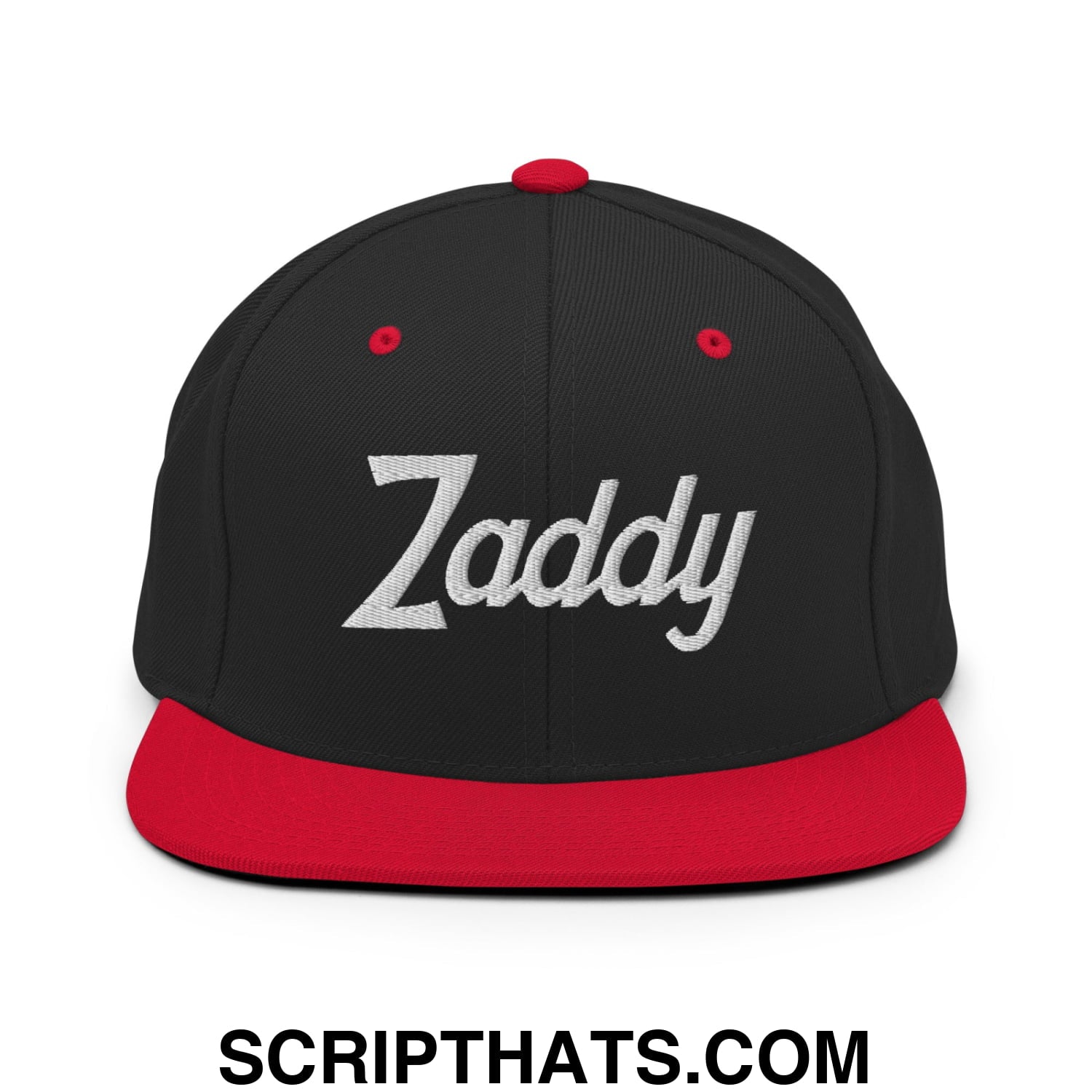 Zaddy Vintage Sports Script Embroidered Flat Bill Brim Snapback Hat Black Red