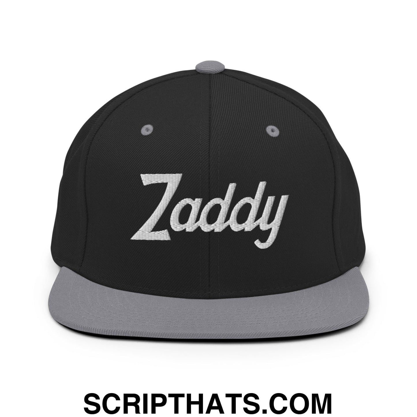 Zaddy Vintage Sports Script Embroidered Flat Bill Brim Snapback Hat Black Silver