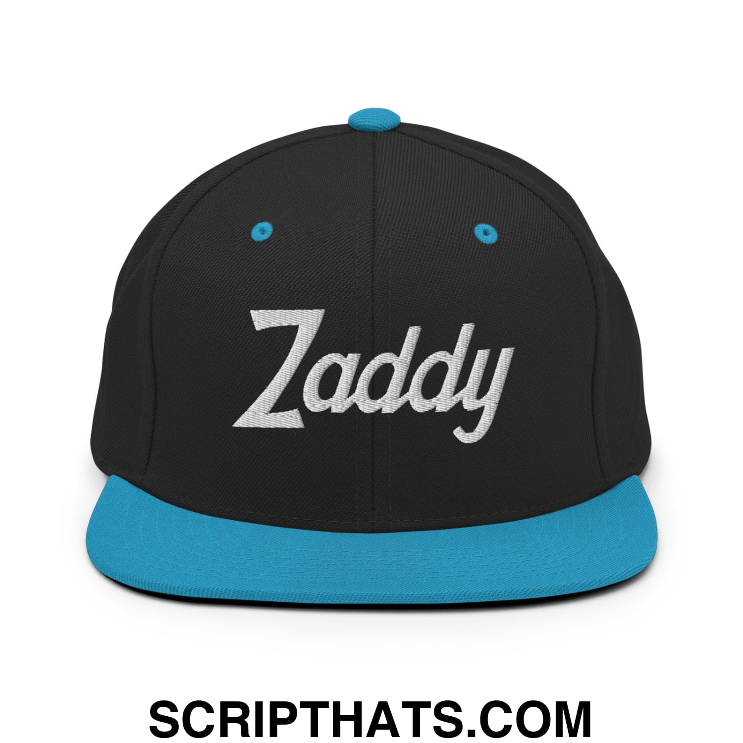 Zaddy Vintage Sports Script Embroidered Flat Bill Brim Snapback Hat Black Teal