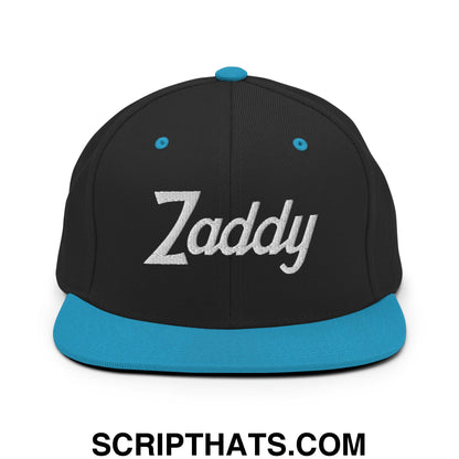 Zaddy Vintage Sports Script Embroidered Flat Bill Brim Snapback Hat Black Teal