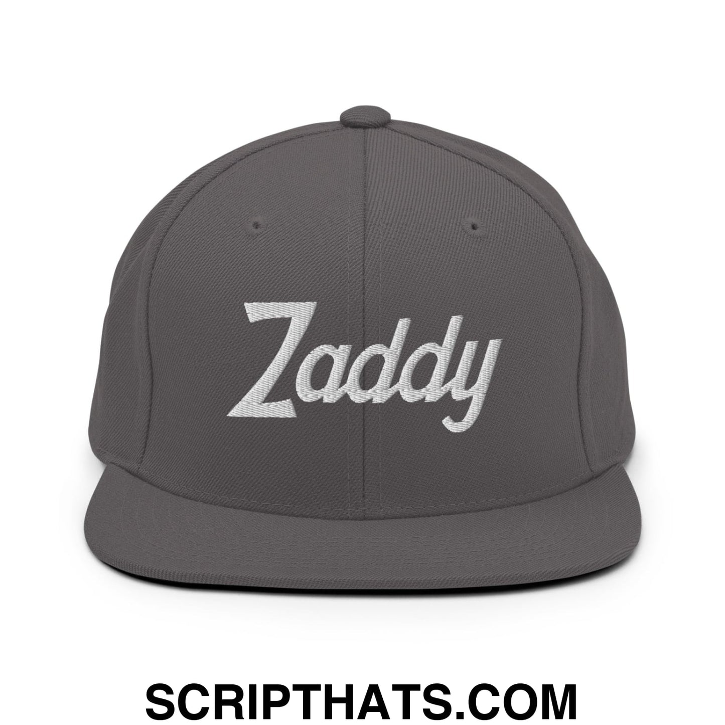 Zaddy Vintage Sports Script Embroidered Flat Bill Brim Snapback Hat Dark Grey