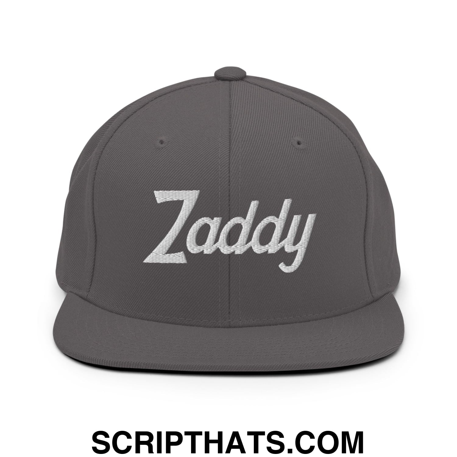 Zaddy Vintage Sports Script Embroidered Flat Bill Brim Snapback Hat Dark Grey