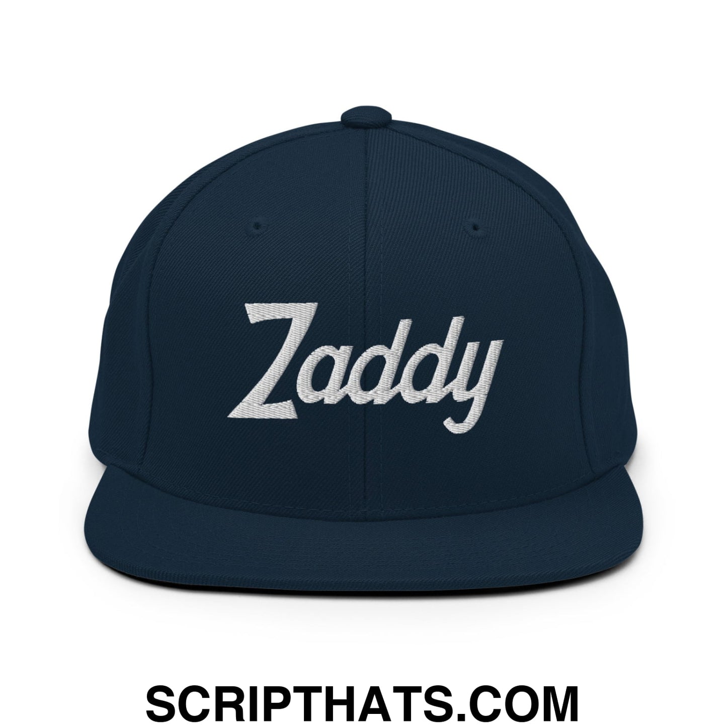Zaddy Vintage Sports Script Embroidered Flat Bill Brim Snapback Hat Dark Navy