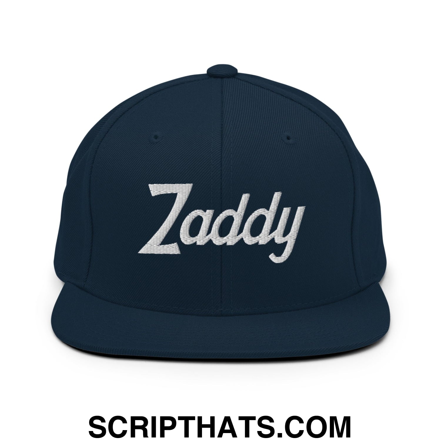 Zaddy Vintage Sports Script Embroidered Flat Bill Brim Snapback Hat Dark Navy