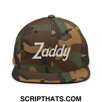Zaddy Vintage Sports Script Embroidered Flat Bill Brim Snapback Hat Green Camo