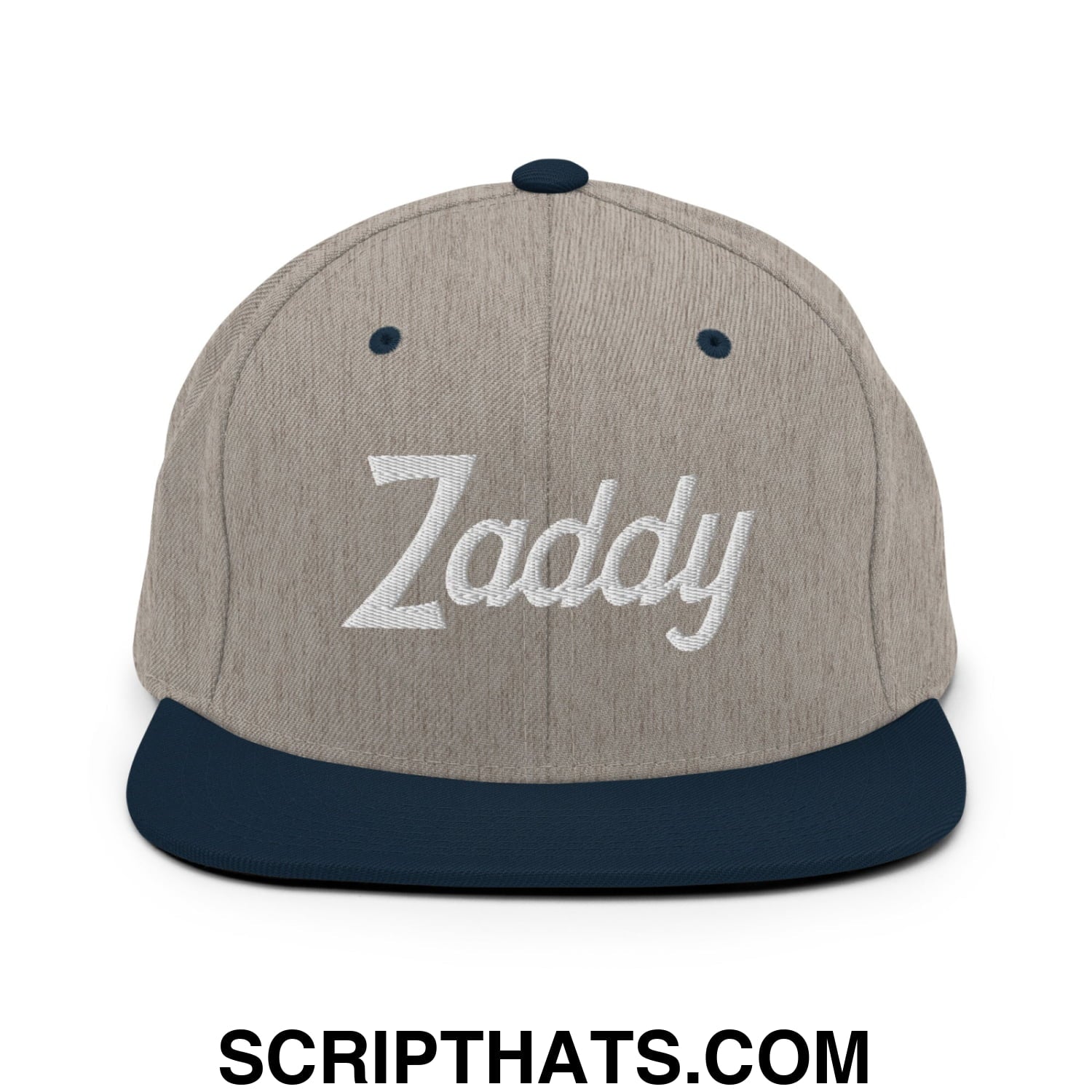 Zaddy Vintage Sports Script Embroidered Flat Bill Brim Snapback Hat Heather Grey Navy