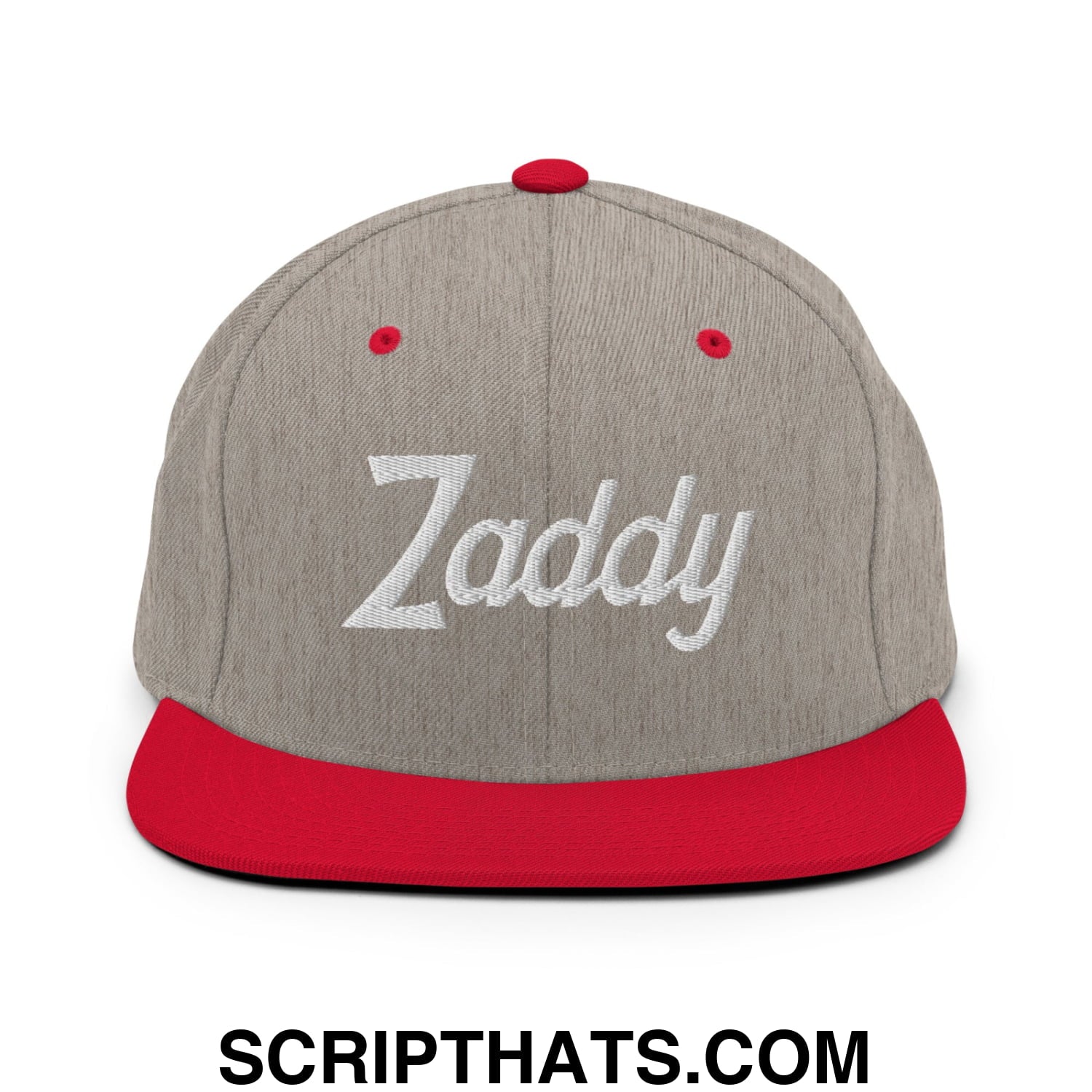 Zaddy Vintage Sports Script Embroidered Flat Bill Brim Snapback Hat Heather Grey Red