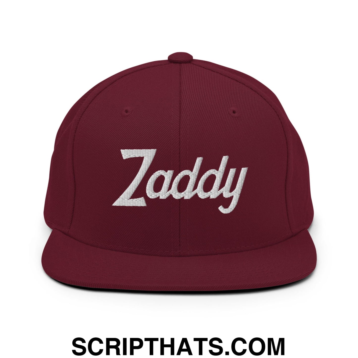 Zaddy Vintage Sports Script Embroidered Flat Bill Brim Snapback Hat Maroon