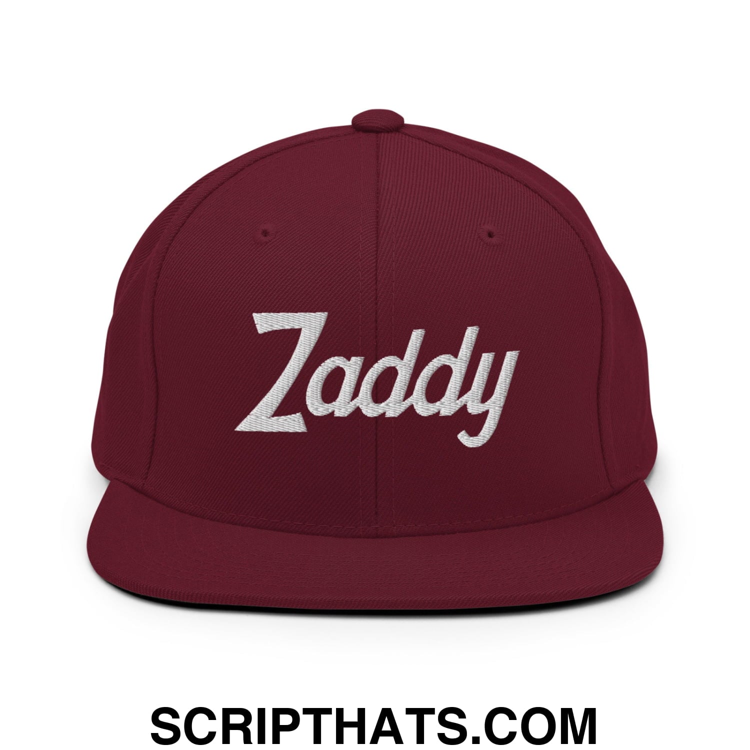 Zaddy Vintage Sports Script Embroidered Flat Bill Brim Snapback Hat Maroon