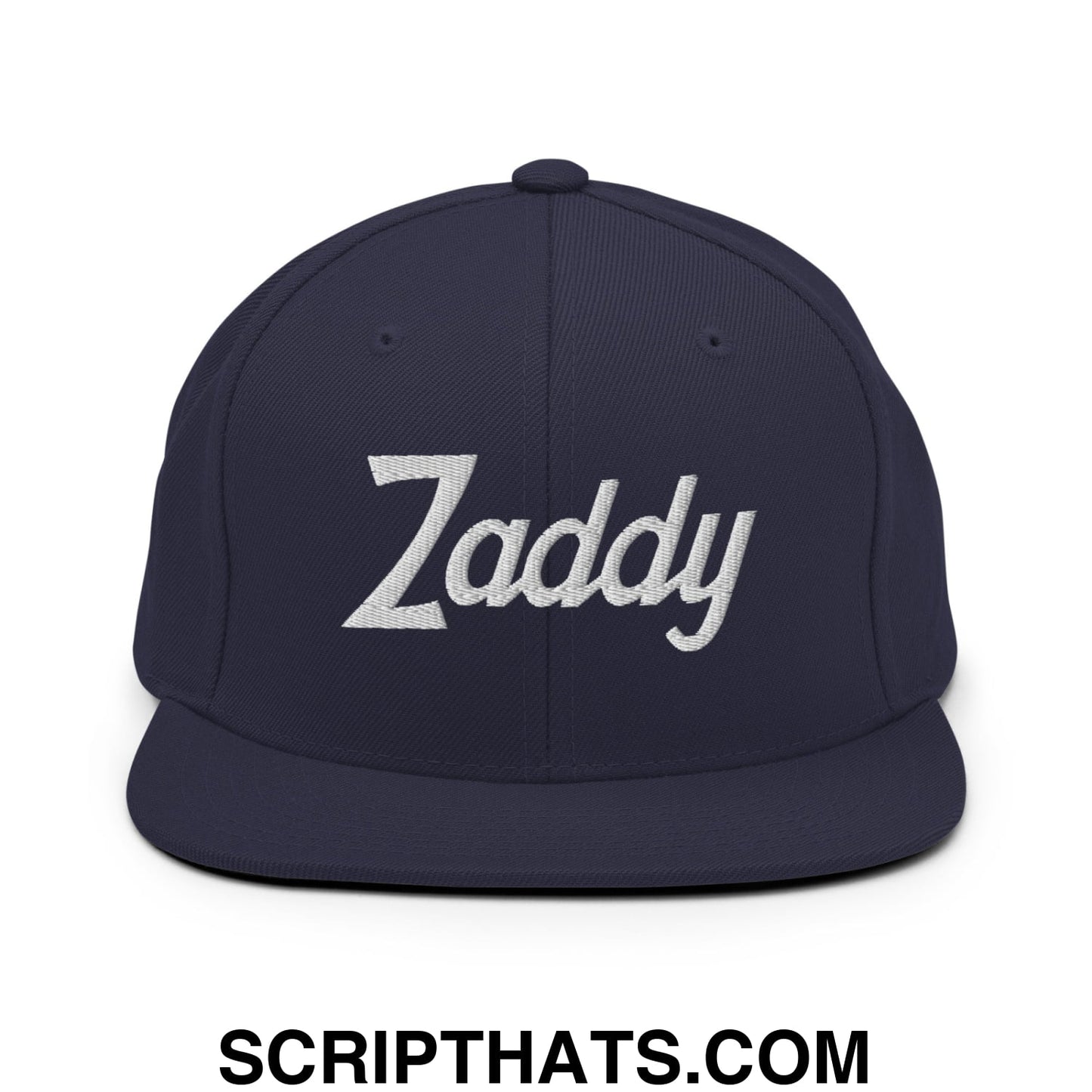 Zaddy Vintage Sports Script Embroidered Flat Bill Brim Snapback Hat Navy