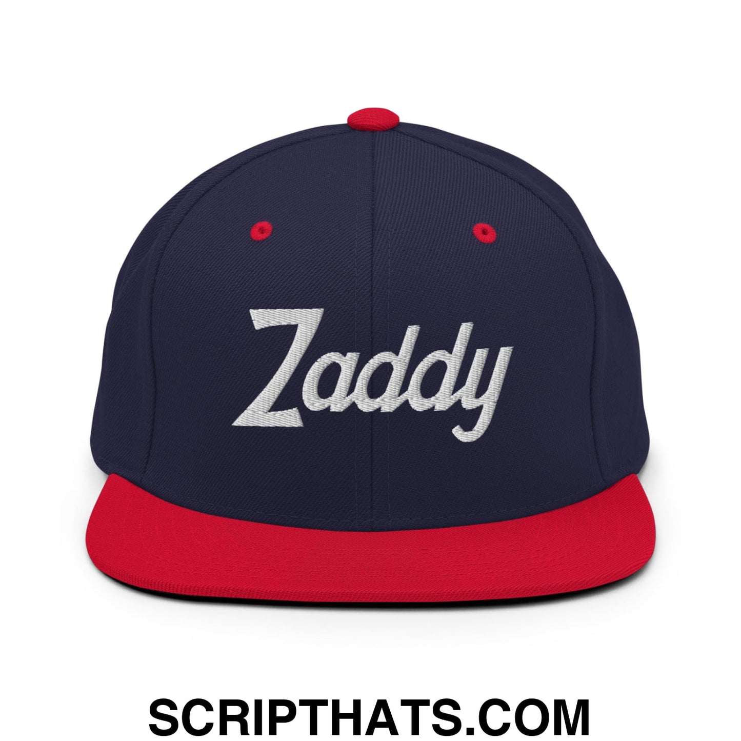 Zaddy Vintage Sports Script Embroidered Flat Bill Brim Snapback Hat Navy Red
