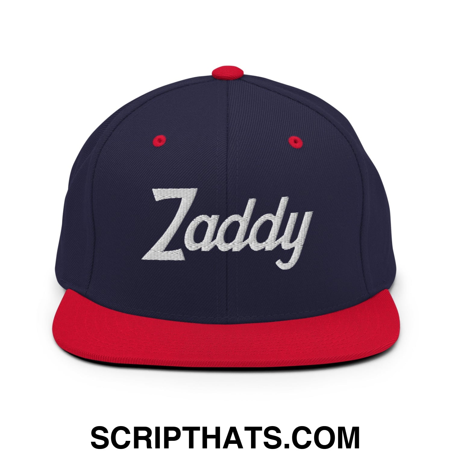 Zaddy Vintage Sports Script Embroidered Flat Bill Brim Snapback Hat Navy Red