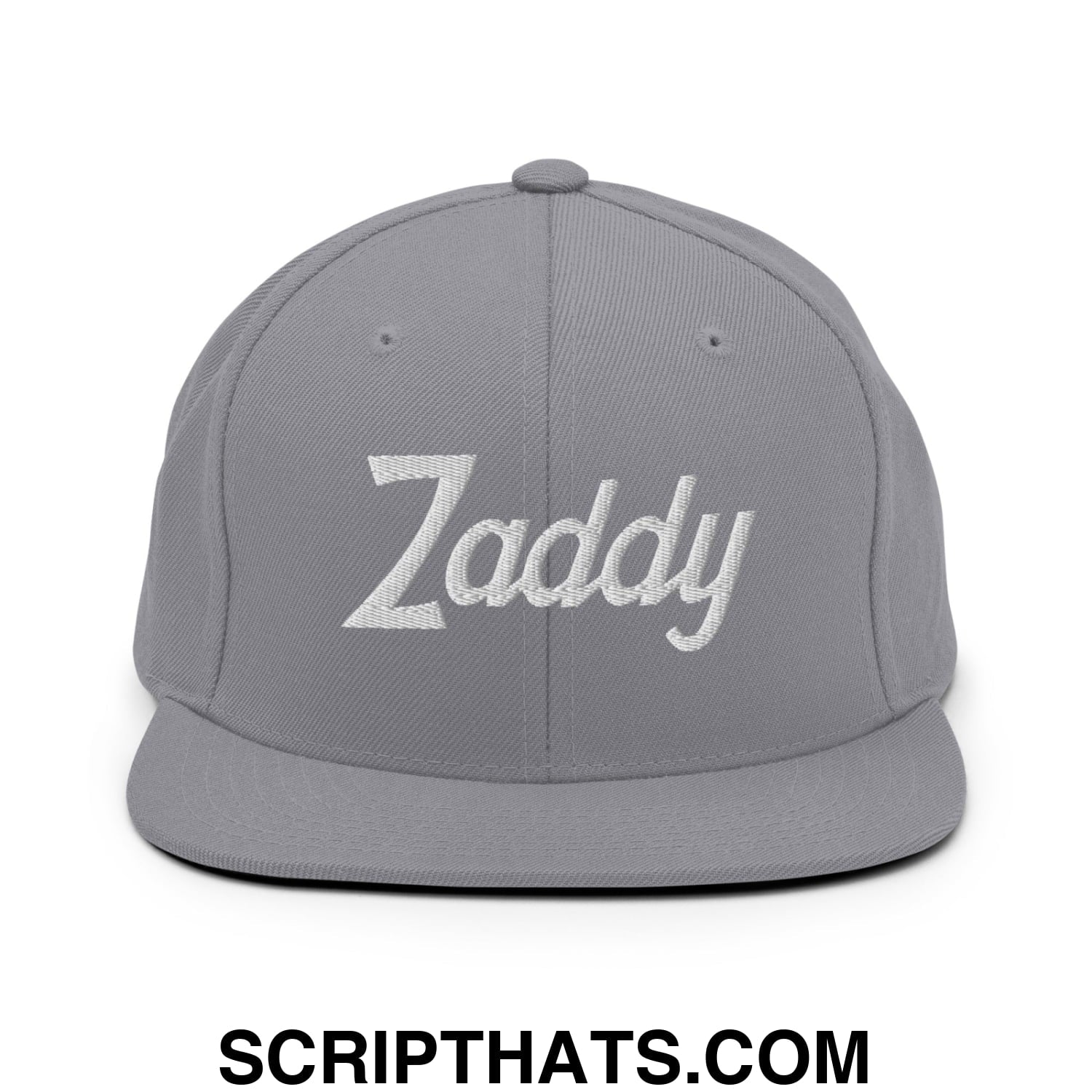 Zaddy Vintage Sports Script Embroidered Flat Bill Brim Snapback Hat Silver