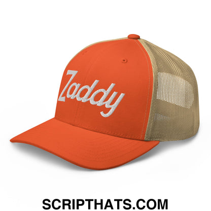 Orange and beige mesh trucker hat with white embroidered zaddy script front in vintage sports style