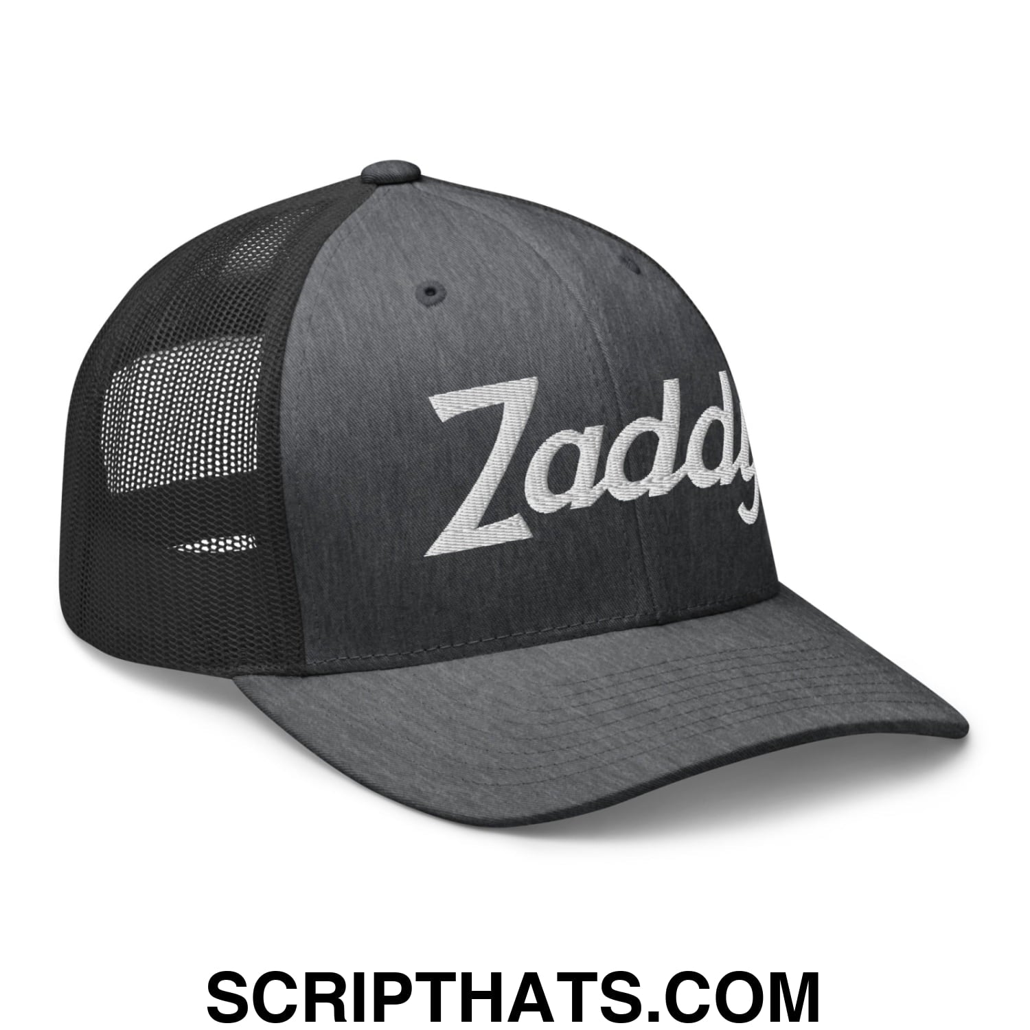 Zaddy Vintage Sports Script Embroidered Mesh Trucker Hat Dark Heather Gray