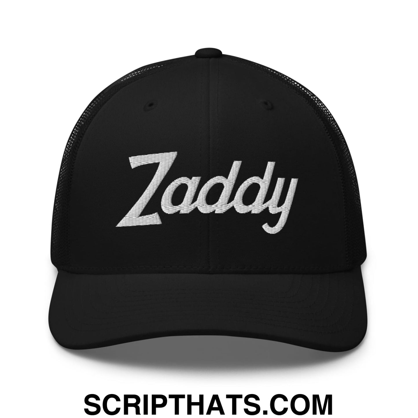 Zaddy Vintage Sports Script Embroidered Mesh Trucker Hat Black