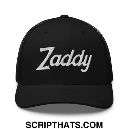 Zaddy Vintage Sports Script Embroidered Mesh Trucker Hat Black