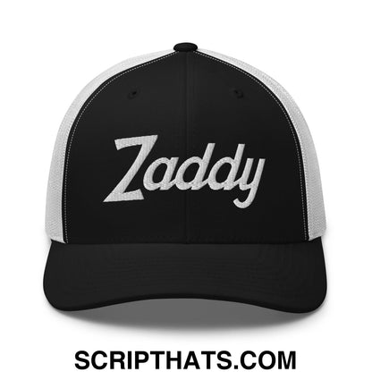 Zaddy Vintage Sports Script Embroidered Mesh Trucker Hat Black White