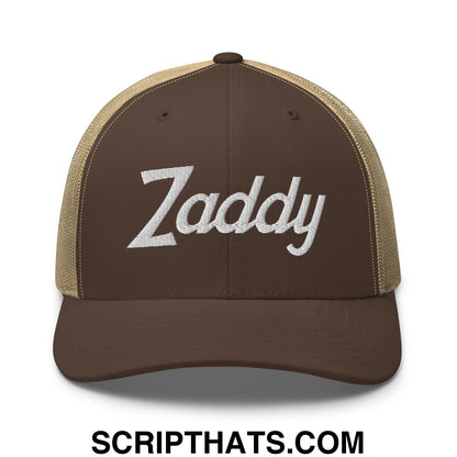 Zaddy Vintage Sports Script Embroidered Mesh Trucker Hat Brown Khaki