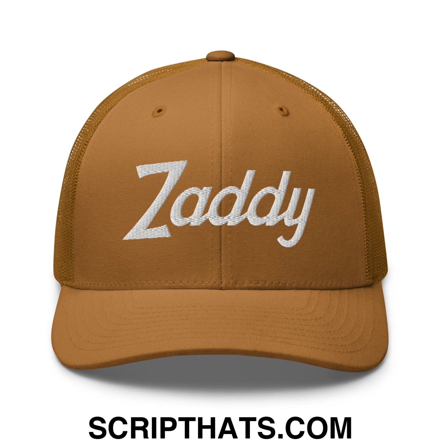 Zaddy Vintage Sports Script Embroidered Mesh Trucker Hat Caramel