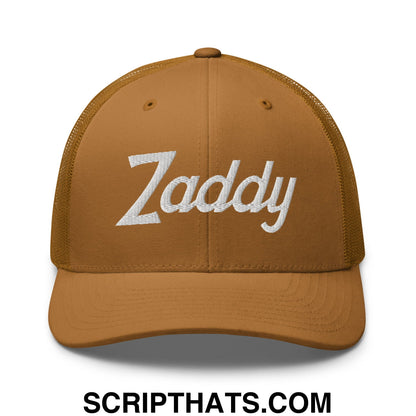 Zaddy Vintage Sports Script Embroidered Mesh Trucker Hat Caramel