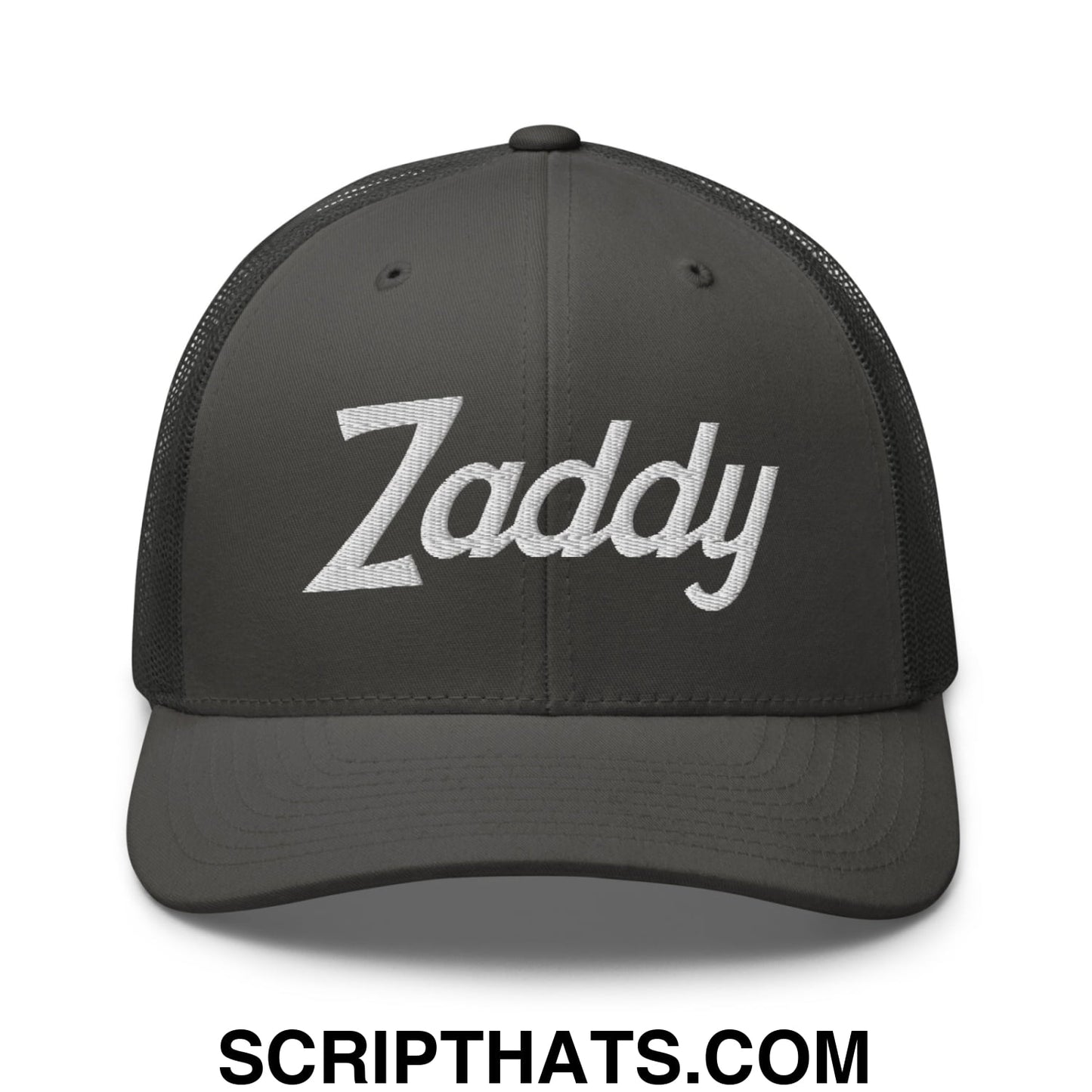 Zaddy Vintage Sports Script Embroidered Mesh Trucker Hat Charcoal