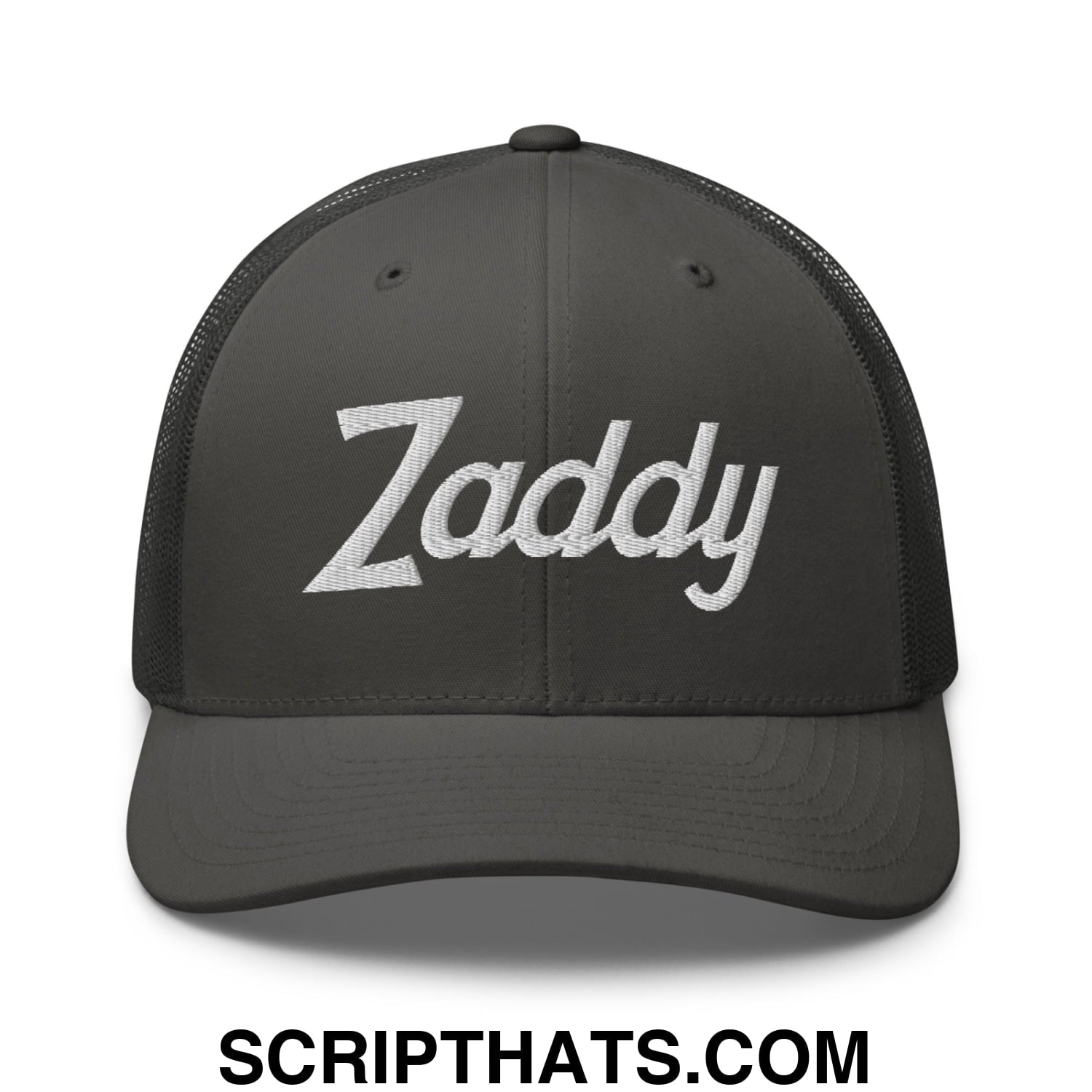 Zaddy Vintage Sports Script Embroidered Mesh Trucker Hat Charcoal