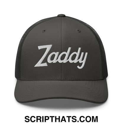 Zaddy Vintage Sports Script Embroidered Mesh Trucker Hat Charcoal