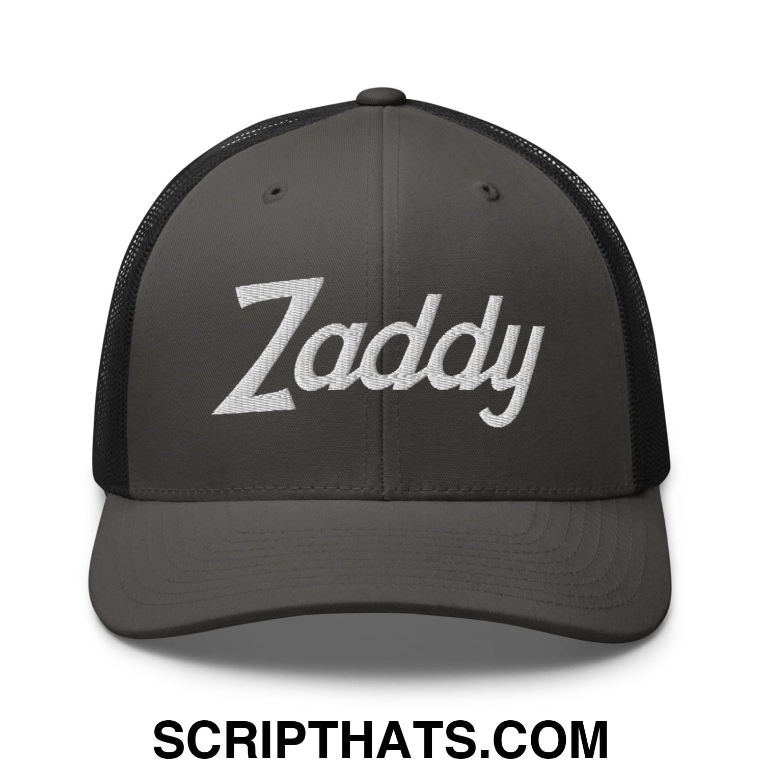 Zaddy Vintage Sports Script Embroidered Mesh Trucker Hat Charcoal Black