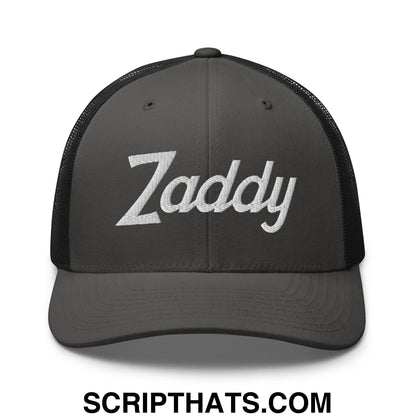 Zaddy Vintage Sports Script Embroidered Mesh Trucker Hat Charcoal Black