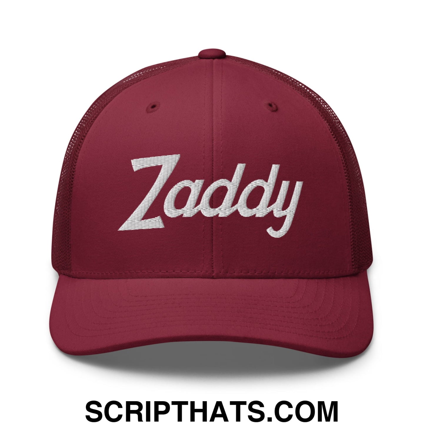 Zaddy Vintage Sports Script Embroidered Mesh Trucker Hat Cranberry