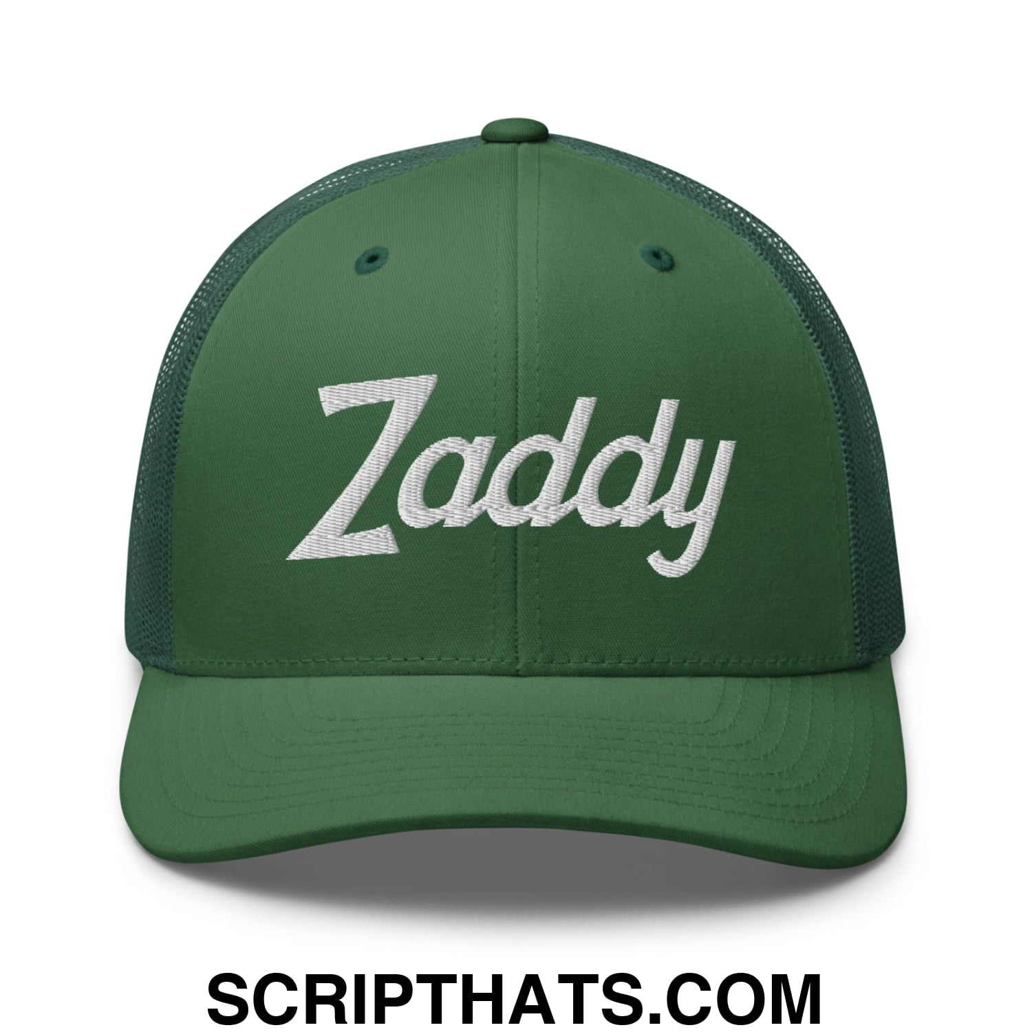 Zaddy Vintage Sports Script Embroidered Mesh Trucker Hat Evergreen