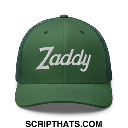 Zaddy Vintage Sports Script Embroidered Mesh Trucker Hat Evergreen