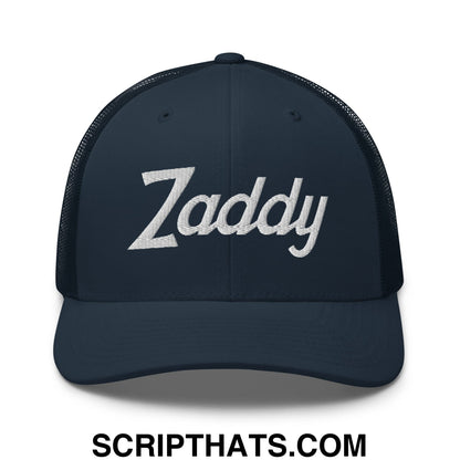 Zaddy Vintage Sports Script Embroidered Mesh Trucker Hat Navy