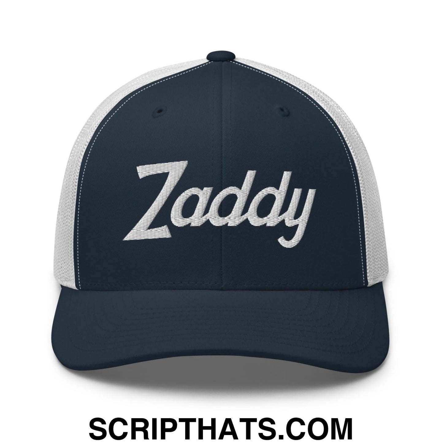 Zaddy Vintage Sports Script Embroidered Mesh Trucker Hat Navy White