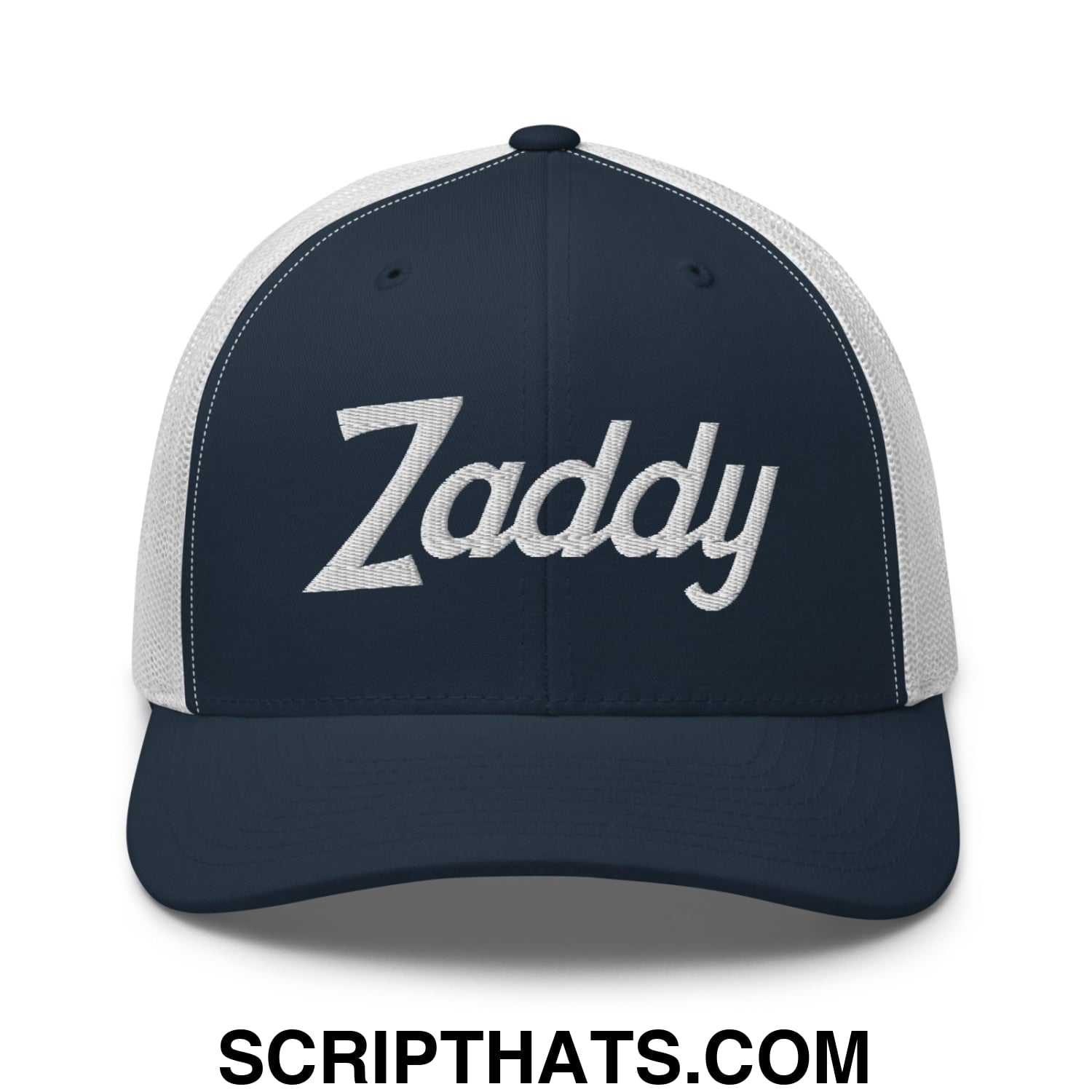 Zaddy Vintage Sports Script Embroidered Mesh Trucker Hat Navy White