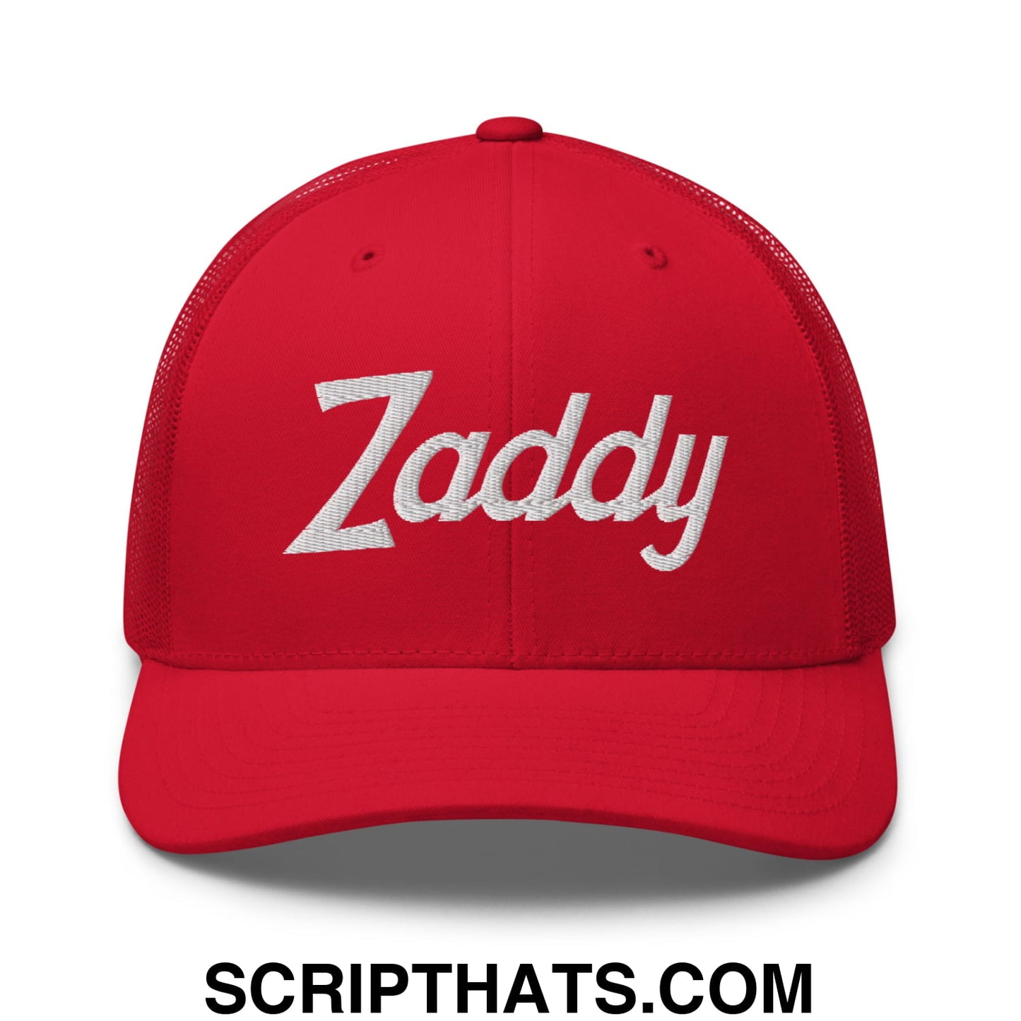 Zaddy Vintage Sports Script Embroidered Mesh Trucker Hat Red